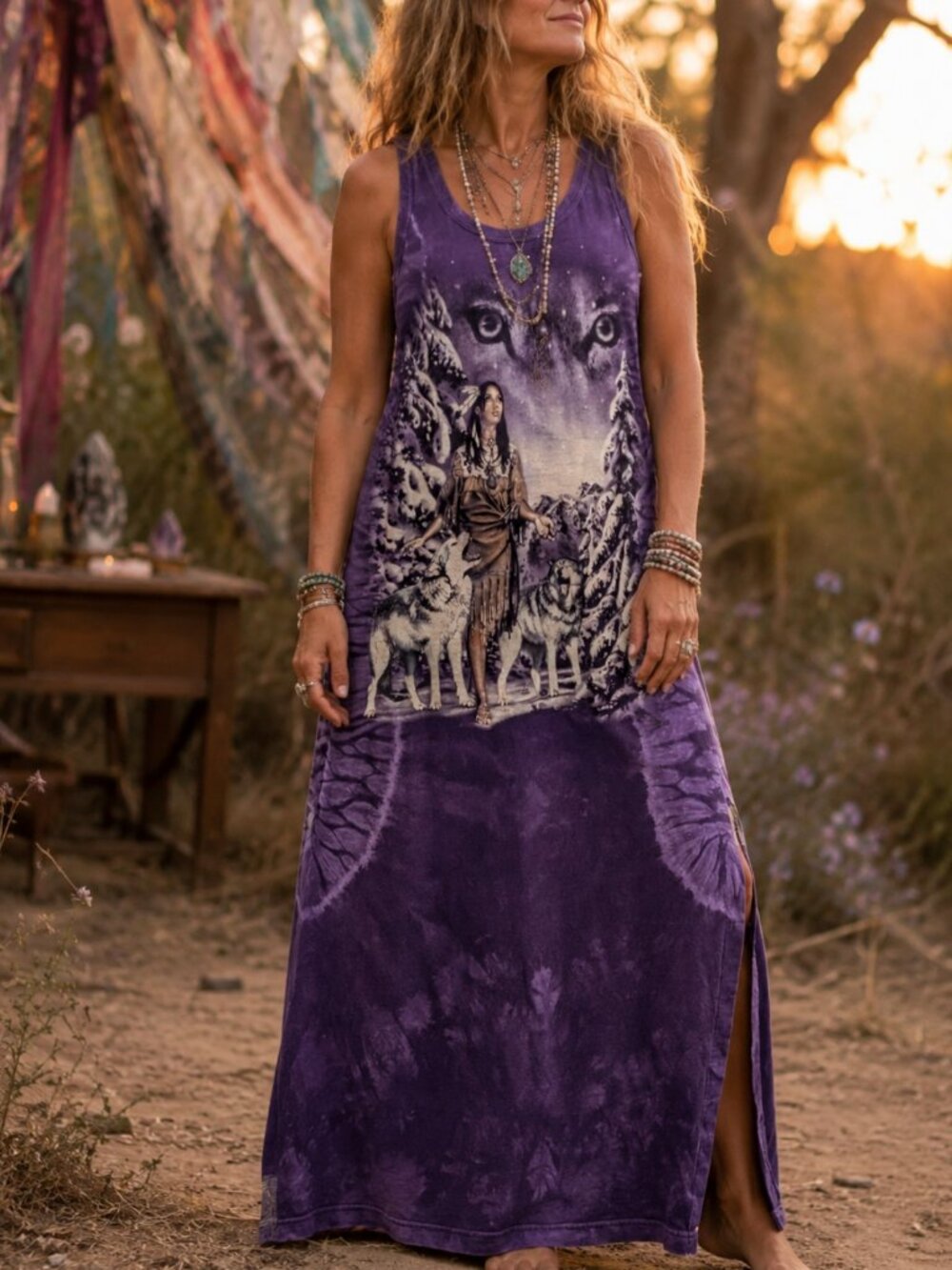 The Mountain Spirit Maiden Purple Wolf Tie Dye Maxi Dress L Rare Collectible Y2K
